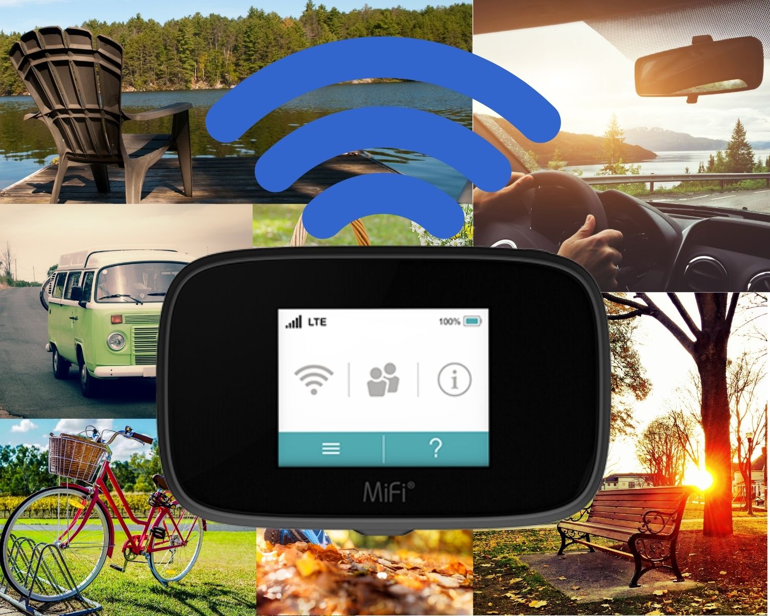 A graphic of a mobile hotspot in front of a collage of vacation scenery
