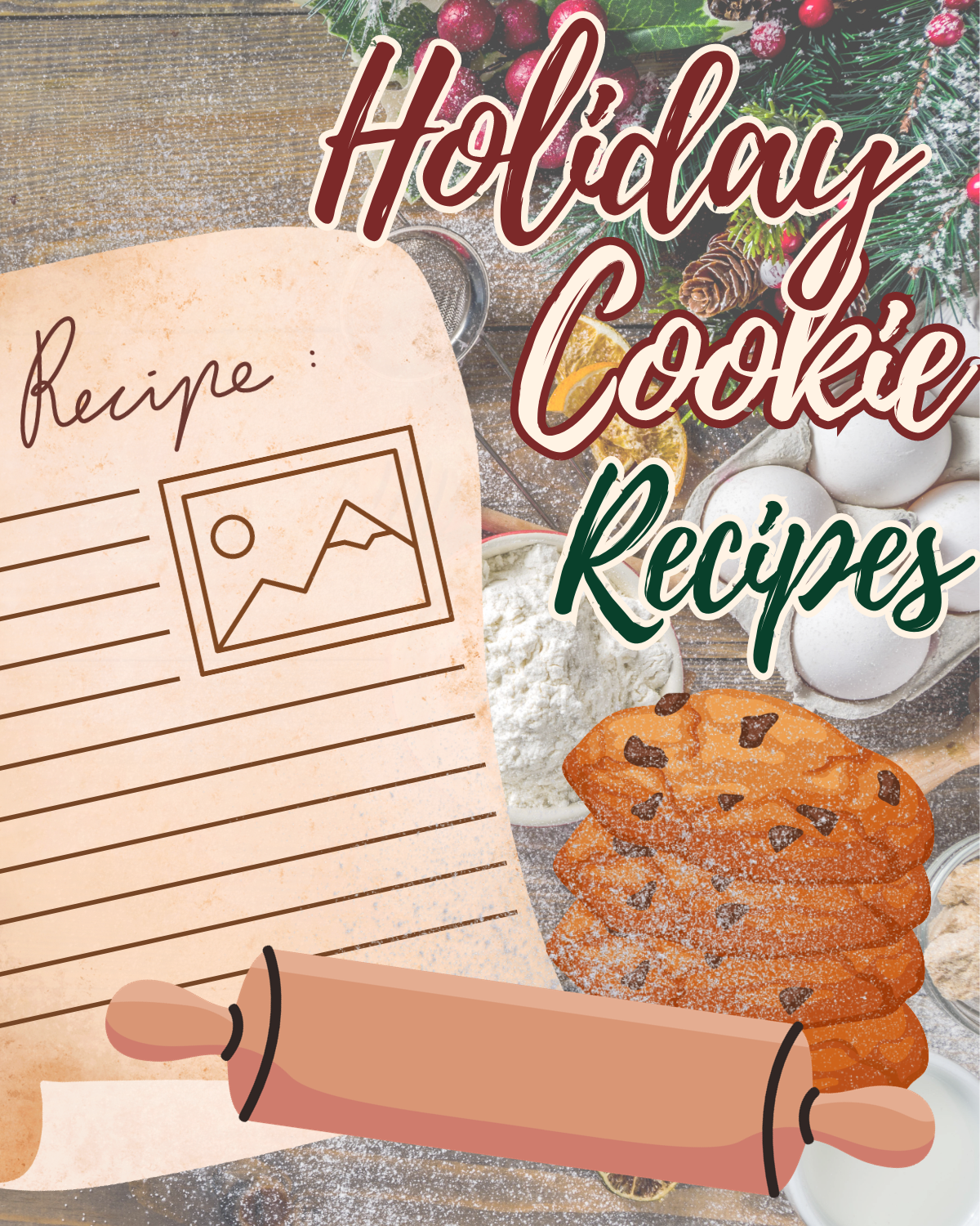A recipe sheet with cookies and a rolling pin