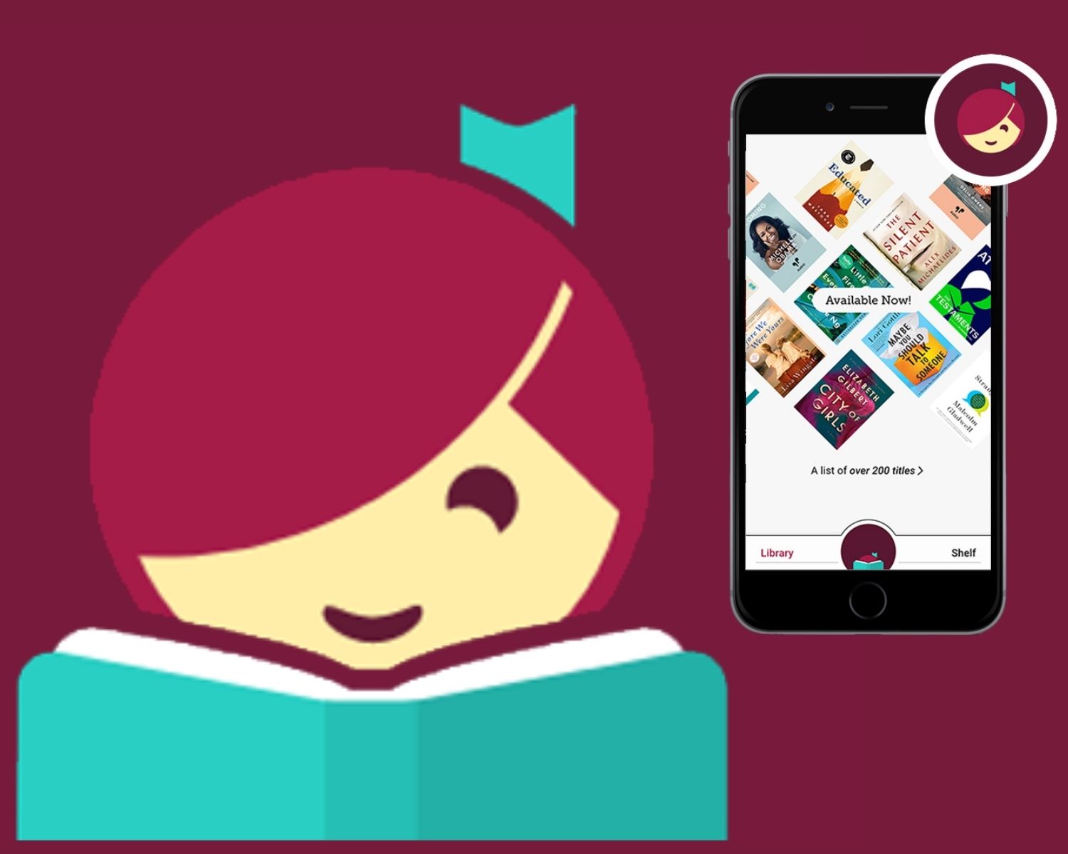 Libby Logo with an iPhone showing multiple book covers, graphic has a maroon background