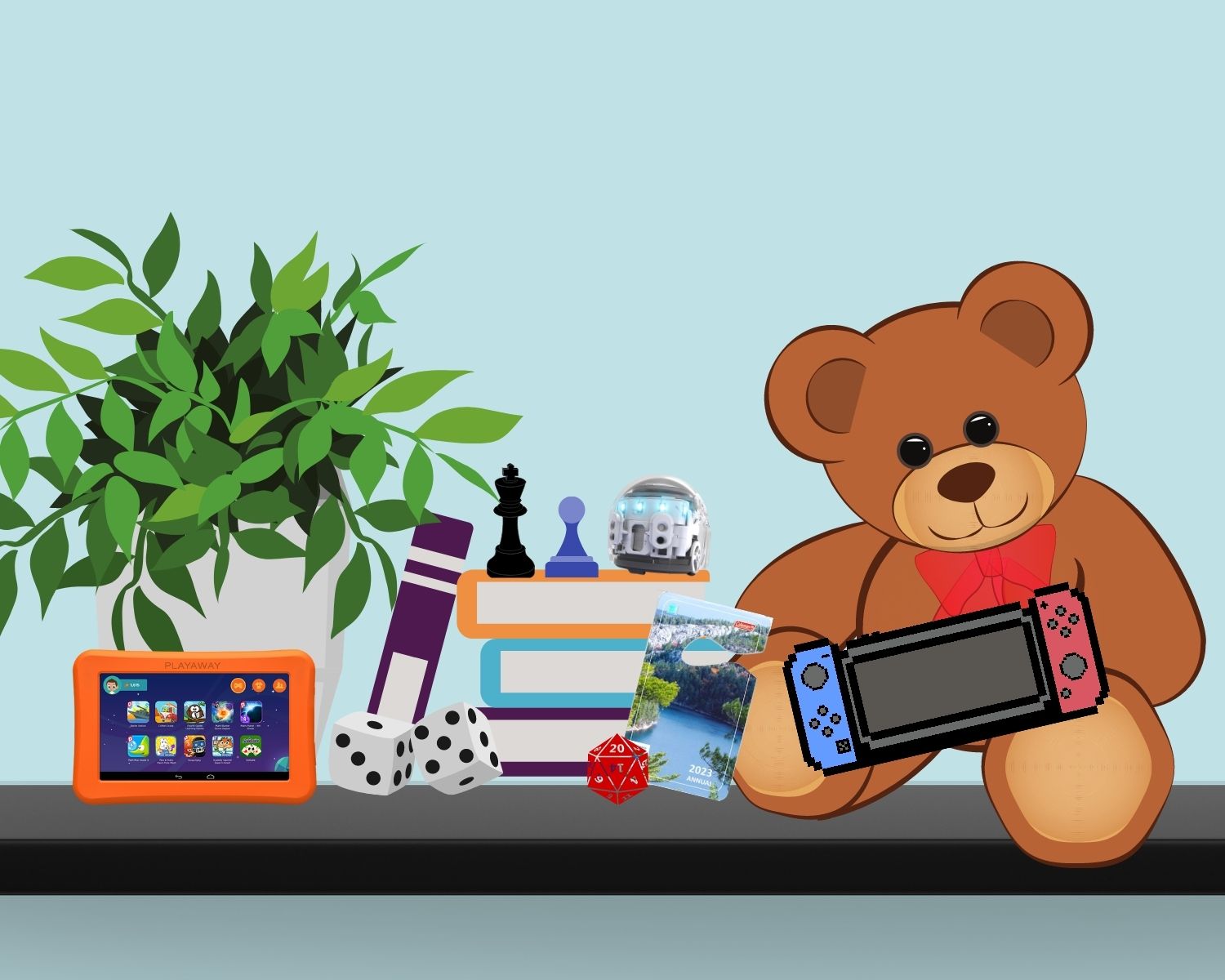 A graphic of an array of items (plant, teddy bear, launchpad tablet, books, die, game board pieces and a Nintendo Switch console set on a shelf