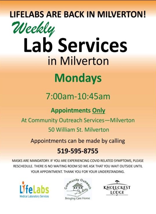 Lifelabs are back in Milverton! Weekly Lab services 7:00am-10:45am appointments onlly