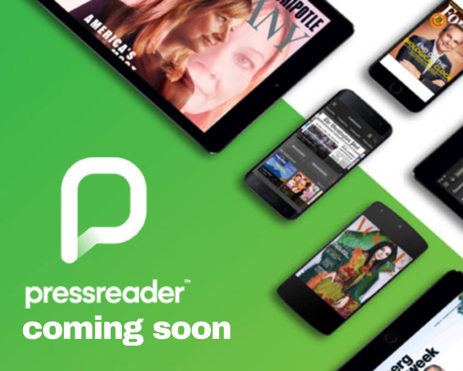 Press Reader Coming Soon - Graphic with devices with magazines open