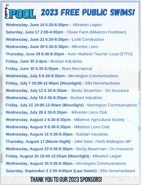 PERC Pool 2023 Free Public Swims. Wed June 14th 6:30-8:30pm, Sat June 17 2-4pm, Wed June 21 6:30-8:30pm, Wed June 25 6:30-8:30pm, Thurs June 29 6:30-8:30pm, Fri June 30 2-8:30pm, Wed July 5 6:30-8:30, Fri July 7 10-12am (Moonlight Swim), Wed July 12 6:30-8:30pm, Wed July 19 6:30-8:30pm, Fri July 21 10-12am (Moonlight Swim), Wed July 26 6:30-8:30pm, Wed Aug 2 6:30-8:30pm, Wed Aug 9 6:30-8:30, Aug 16 6:30-8:30pm, Thur Aug 17 (Movie Night), Wed Aug 23 6:30-8:30pm, Fri Aug 25 10-12am (Moonlight Swim), Wed Aug 30 6:30-8:30pm, Sat Sept 2 2-4pm (Last Swim)