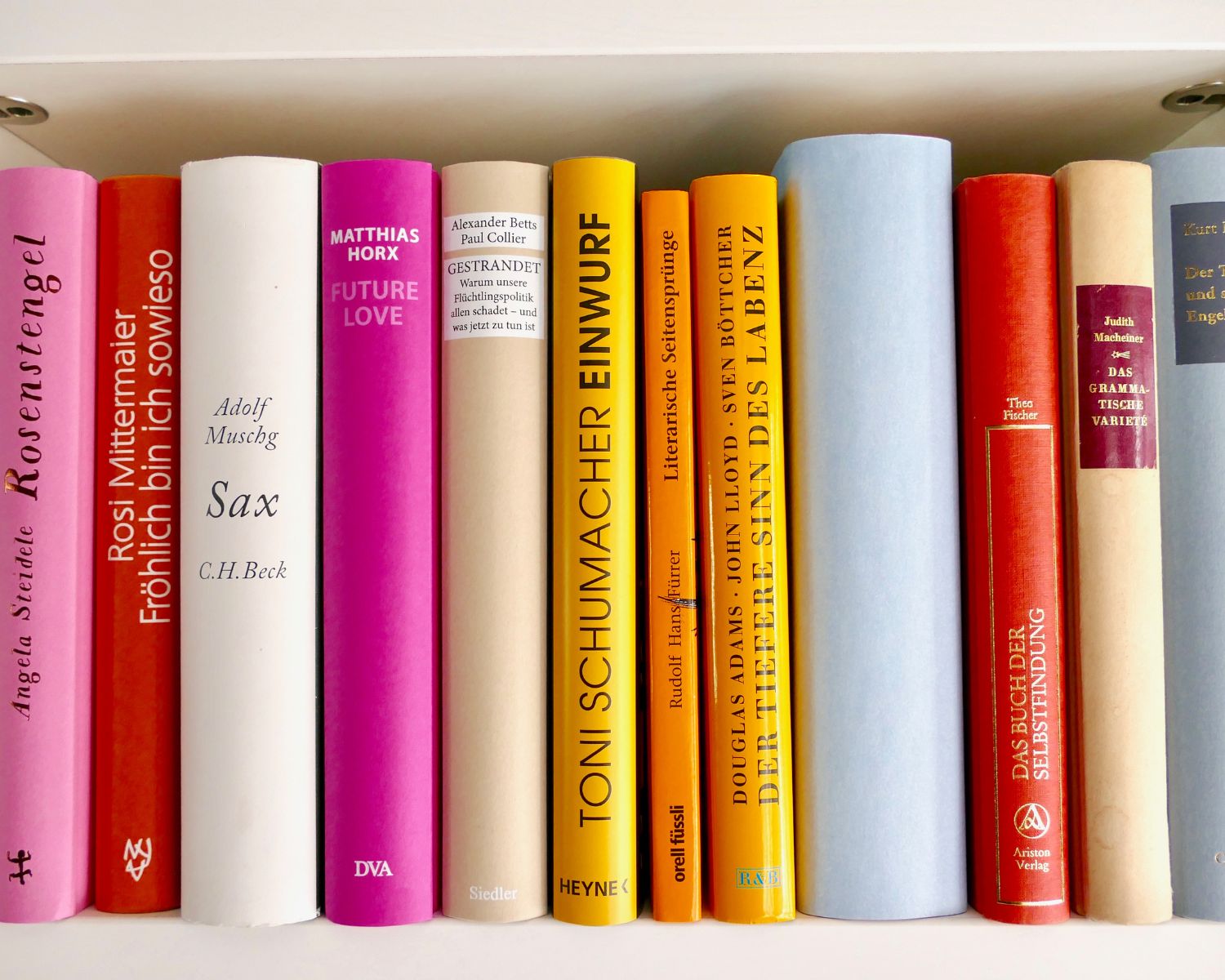 A picture of brightly coloured books on a shelf