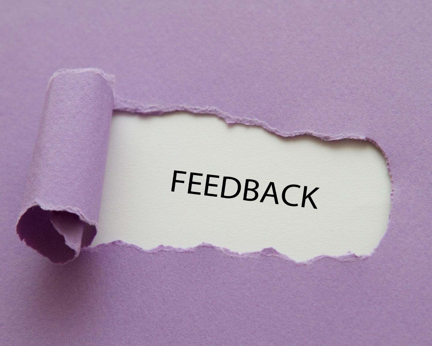 An image of a piece of purple construction paper ripped to reveal the printed words "feedback"
