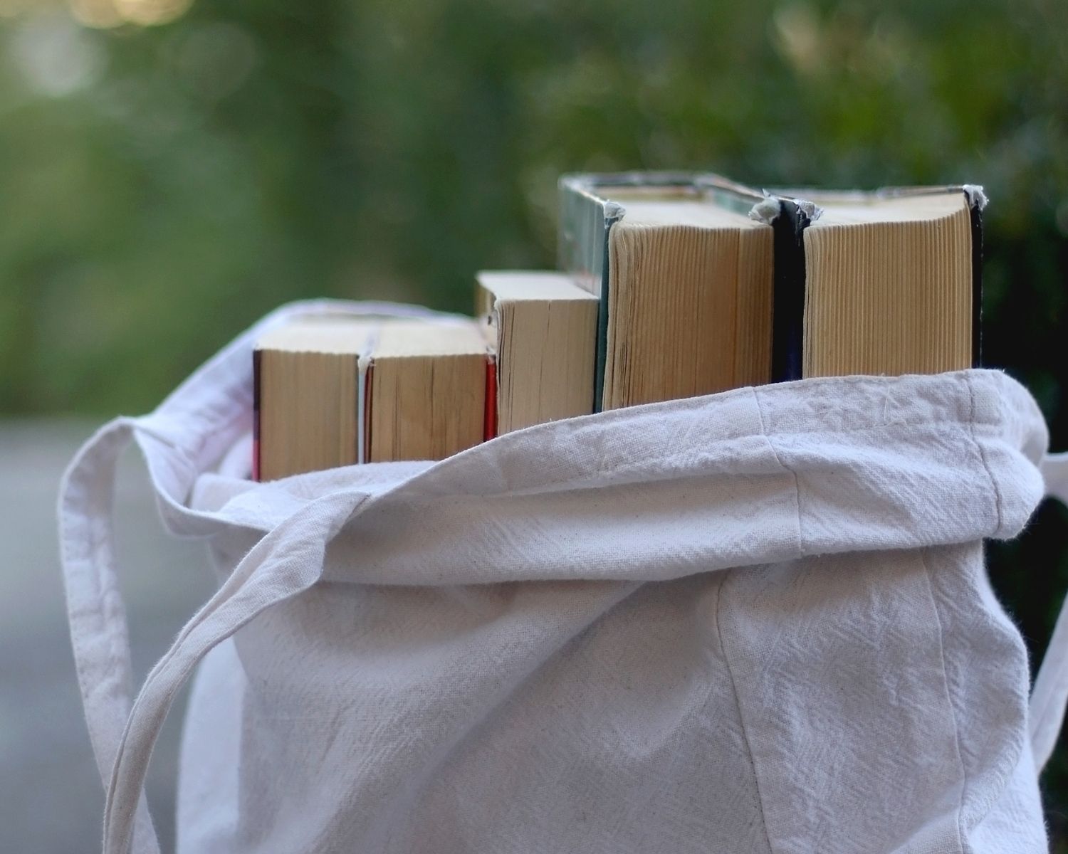 Five books in a cotton bag against a background of greenery