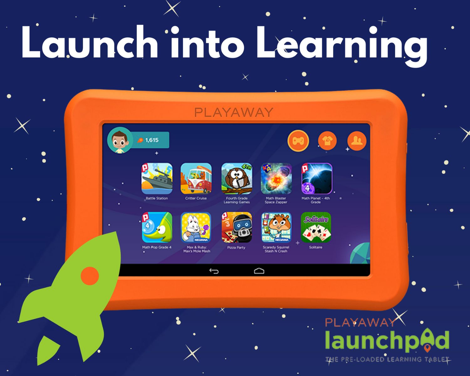 An orange playaway launchpad with a green spaceship in front on a navy background with stars